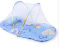 Blue foldable baby mosquito net tent with stainless steel frame and sleeping cushion inside
