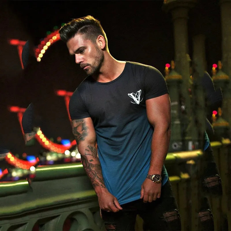 Men's 95% cotton muscle fitness top short sleeve crew neck t-shirt in black blue for gym training