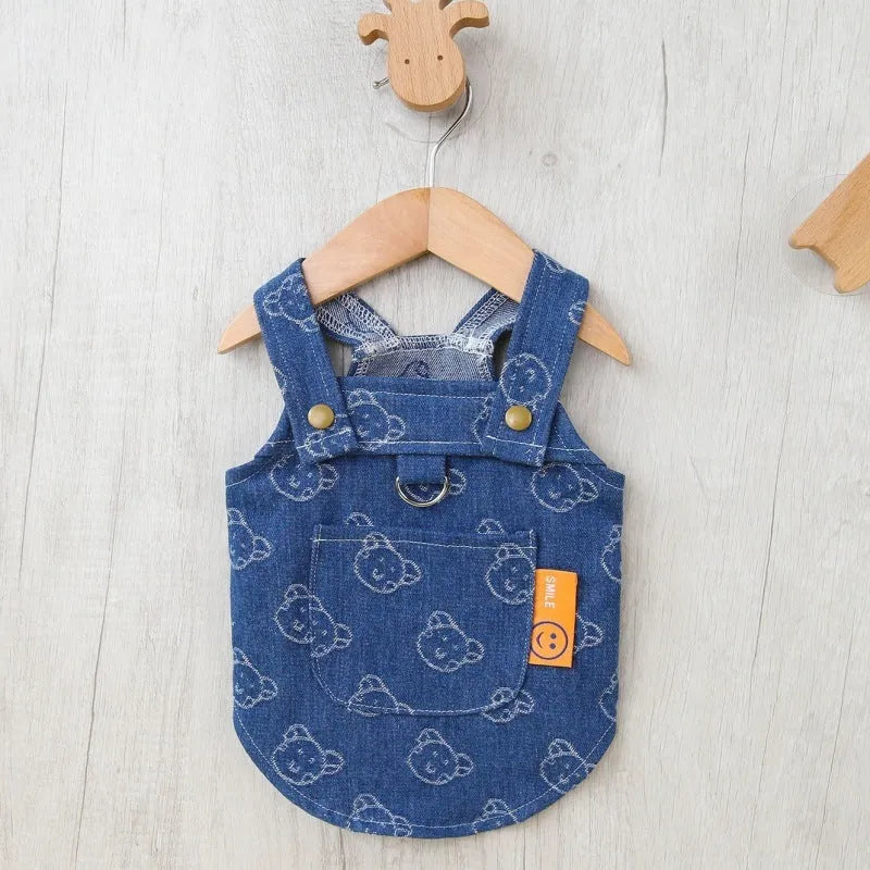 Teddy Bichon small dog wearing thin denim princess dress with bracket skirt style