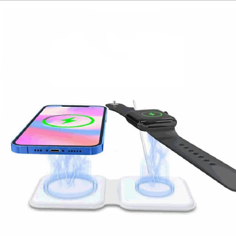 White foldable magnetic wireless charging dock showing two charging surfaces on a desk.