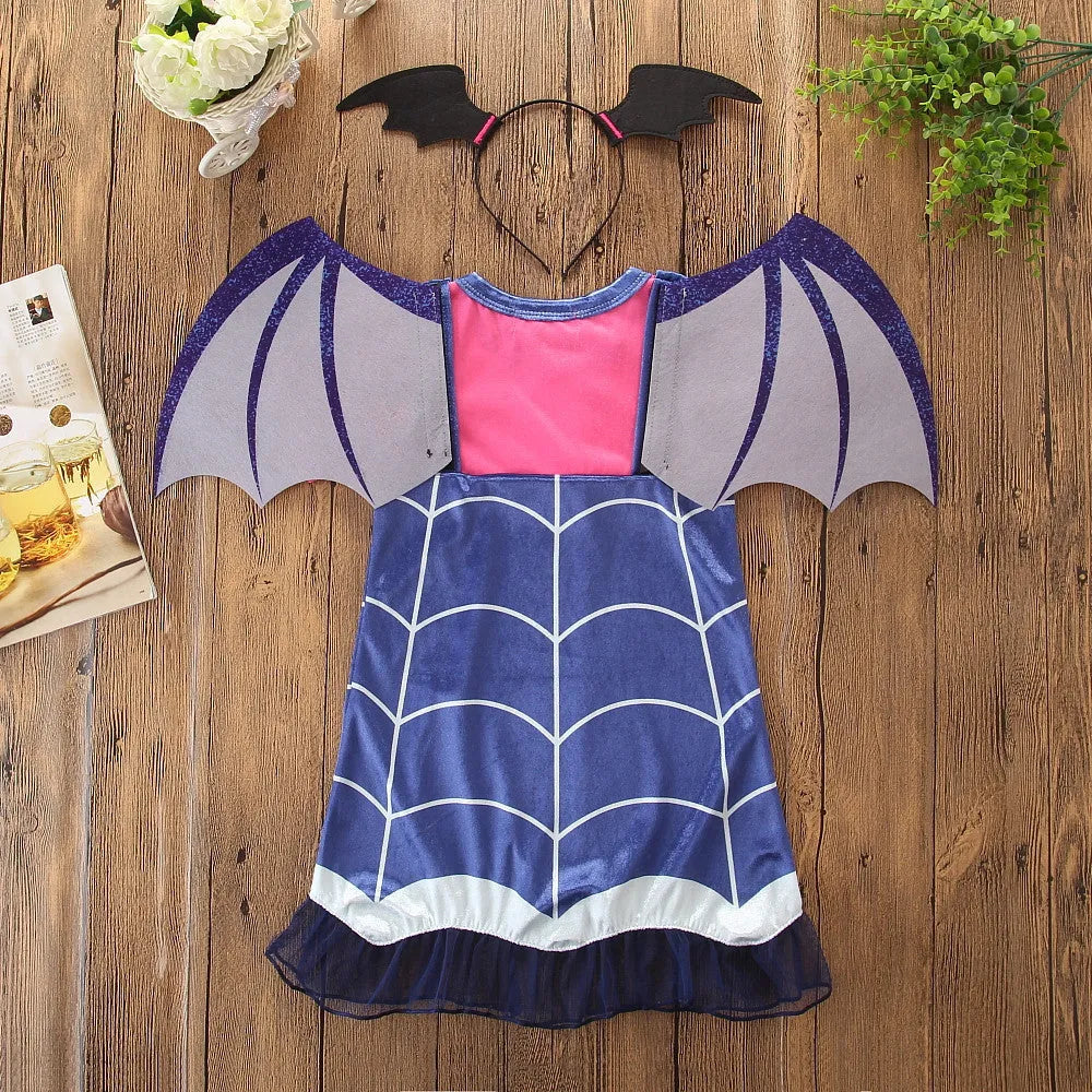 Blue cotton Halloween princess dress for toddlers with short sleeves, shown on child mannequin