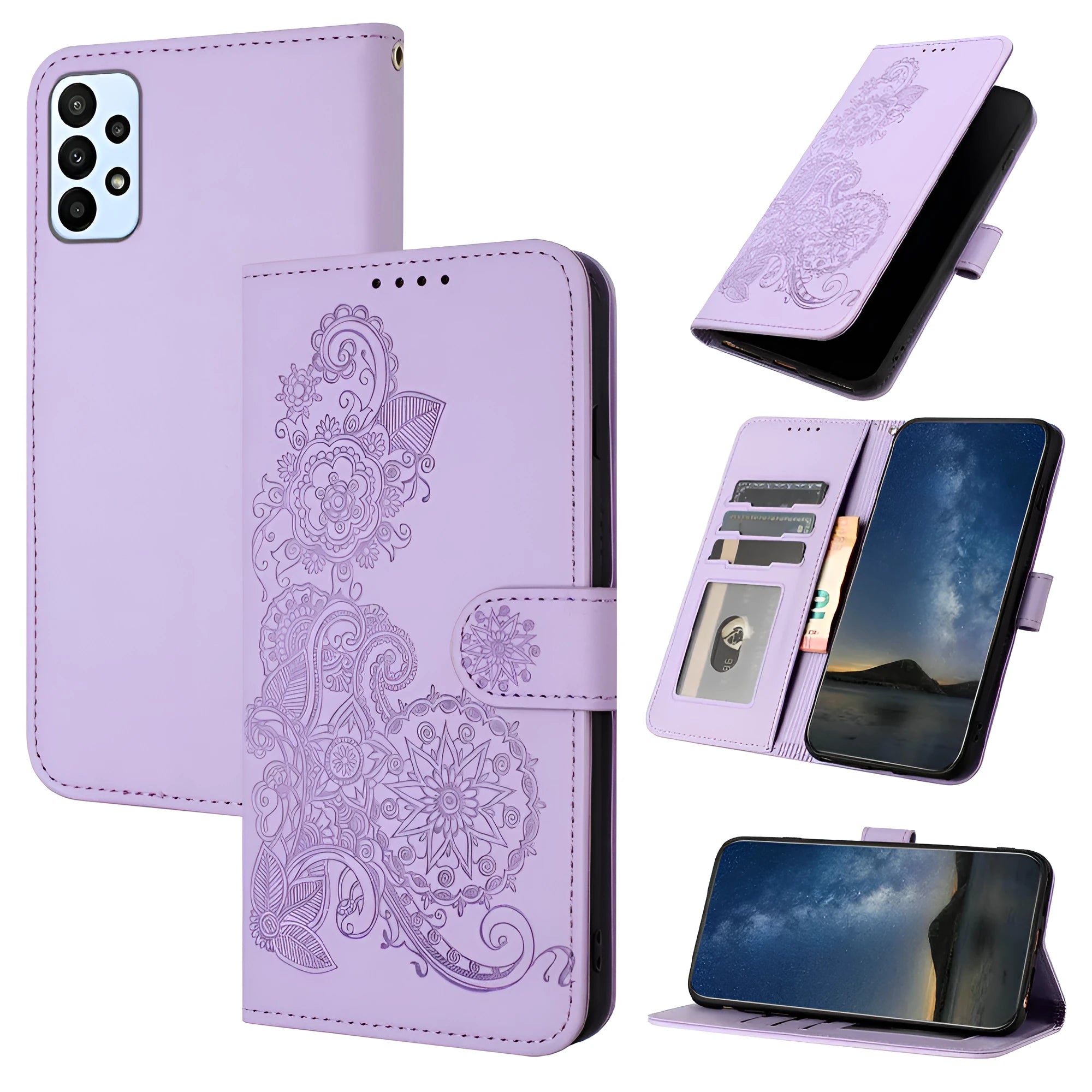 Datura embossed leather phone case with flip card slot for Samsung in brown colour
