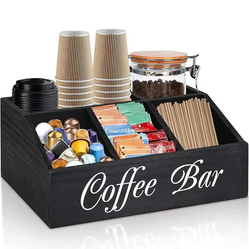 Wooden grid coffee pod storage box with compartments for remote control and stationery in black