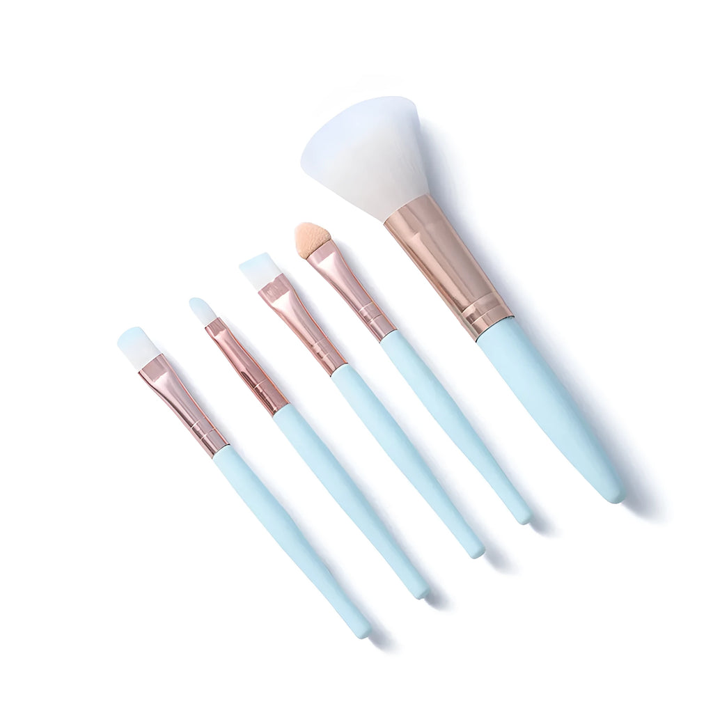Five mini makeup brush set with plastic handles, short rod design, and man-made fiber bristles in OPP bag packaging