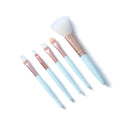 Five mini makeup brush set with plastic handles, short rod design, and man-made fiber bristles in OPP bag packaging