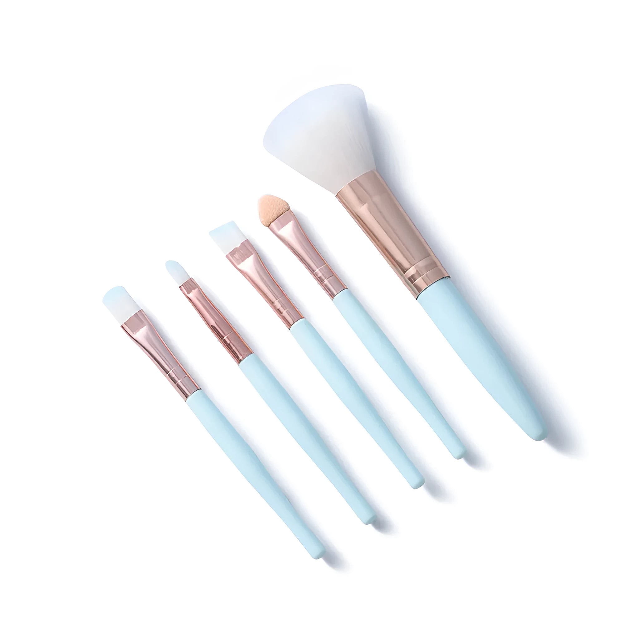 Five mini makeup brush set with plastic handles, short rod design, and man-made fiber bristles in OPP bag packaging