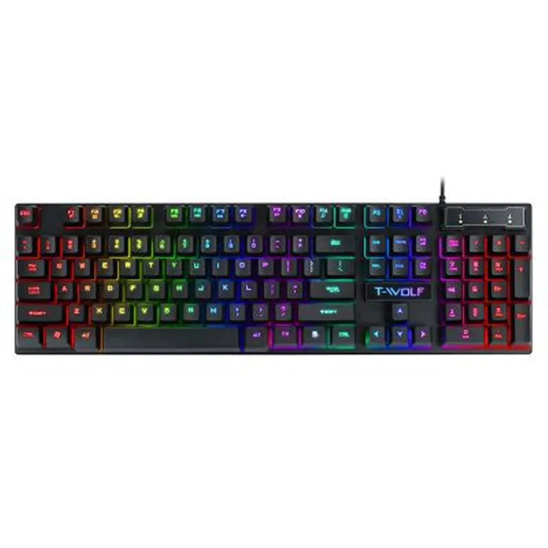 Gaming USB wired keyboard with floating keycaps and colourful backlight on a desk