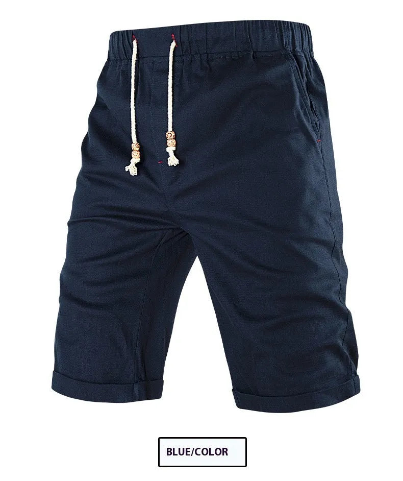 Men's solid colour cotton blend summer shorts with drawstring waist and zipper pocket.