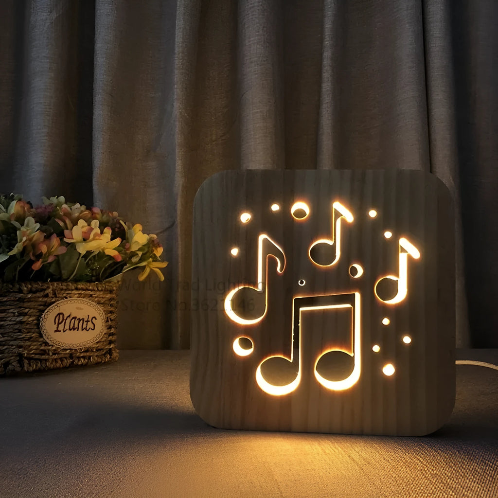 Square wooden pine LED atmosphere lamp with warm white light, shown with a USB cable.