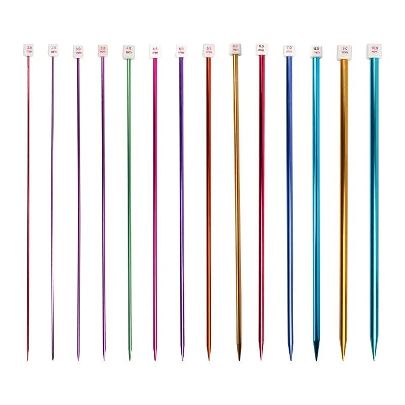 Lengthened crochet hook set showing 14 different sizes from 2.0mm to 10.0mm with protective end caps