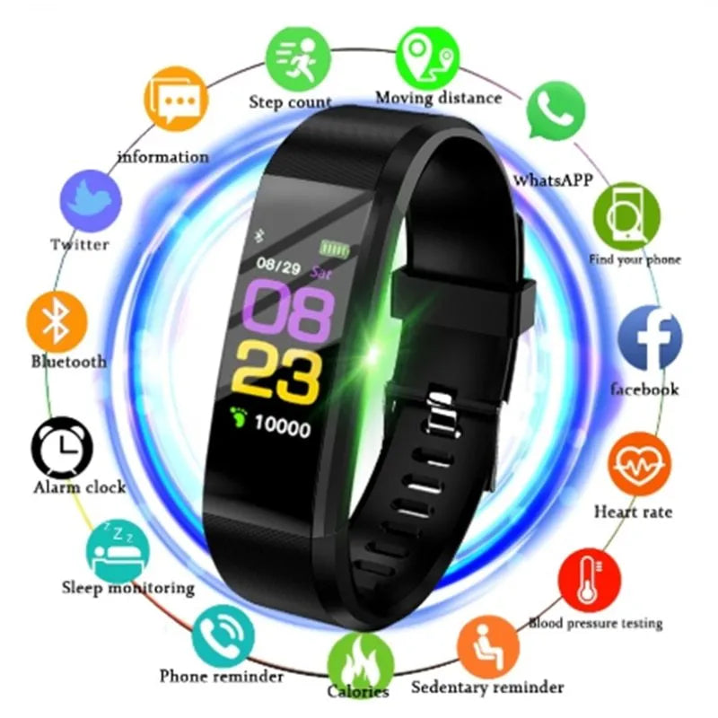 Screen Smart Wristband 115plus fitness tracker with colour LED touch screen on wrist showing heart rate