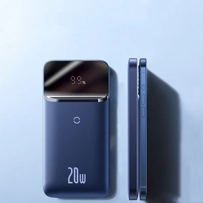 Blue and white MagSafe magnetic wireless power bank with LCD display showing battery percentage
