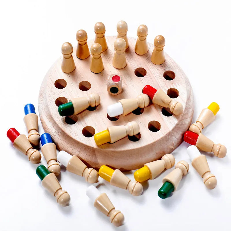 Beech wood memory chess educational game with coloured pieces on 17cm board for children aged 3+