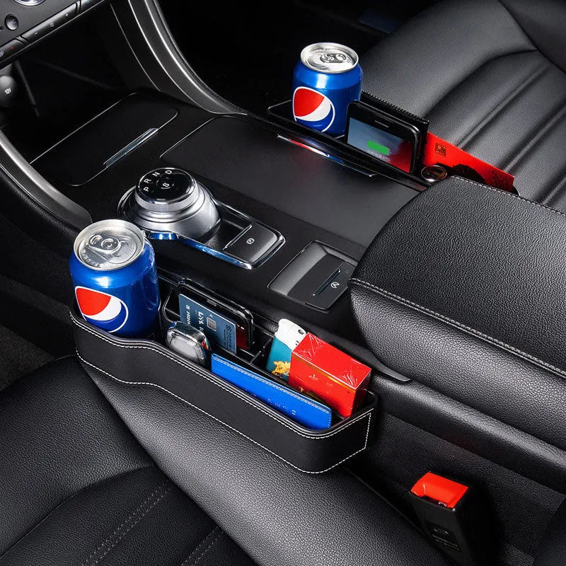 Black leather car seat gap storage box with cup holder and USB cable for driver side