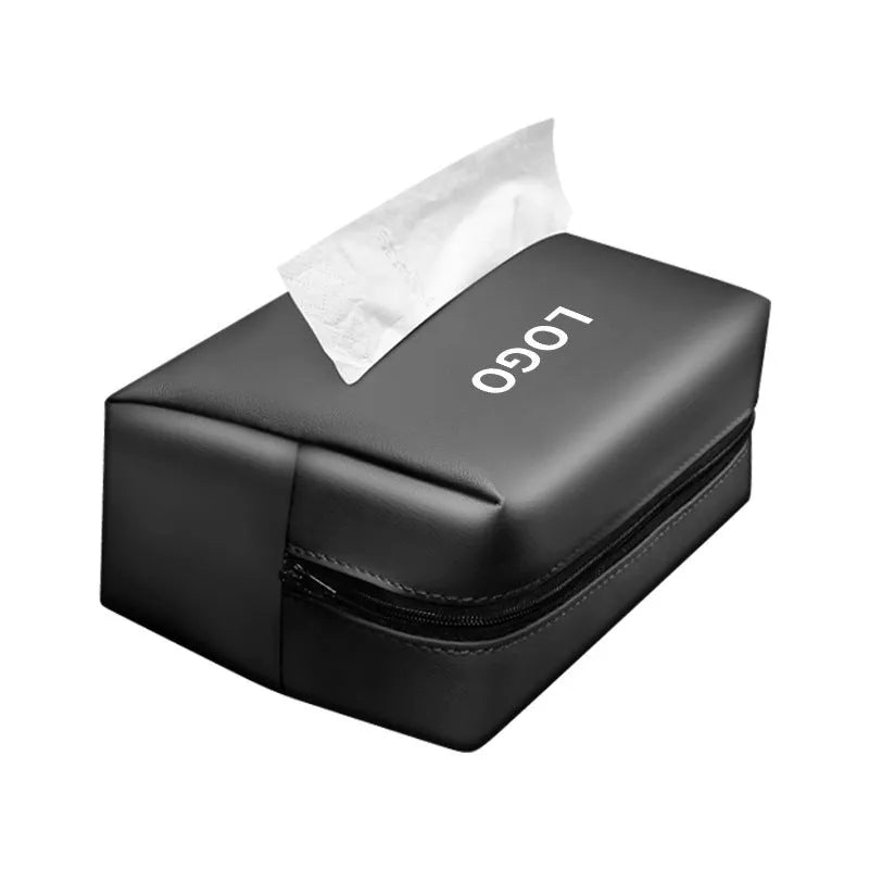 Leather car tissue paper extraction box 18cm x 12.5cm x 9cm in Black, Dark Green, Gray, Mocha brown, or Red with optional car logo.