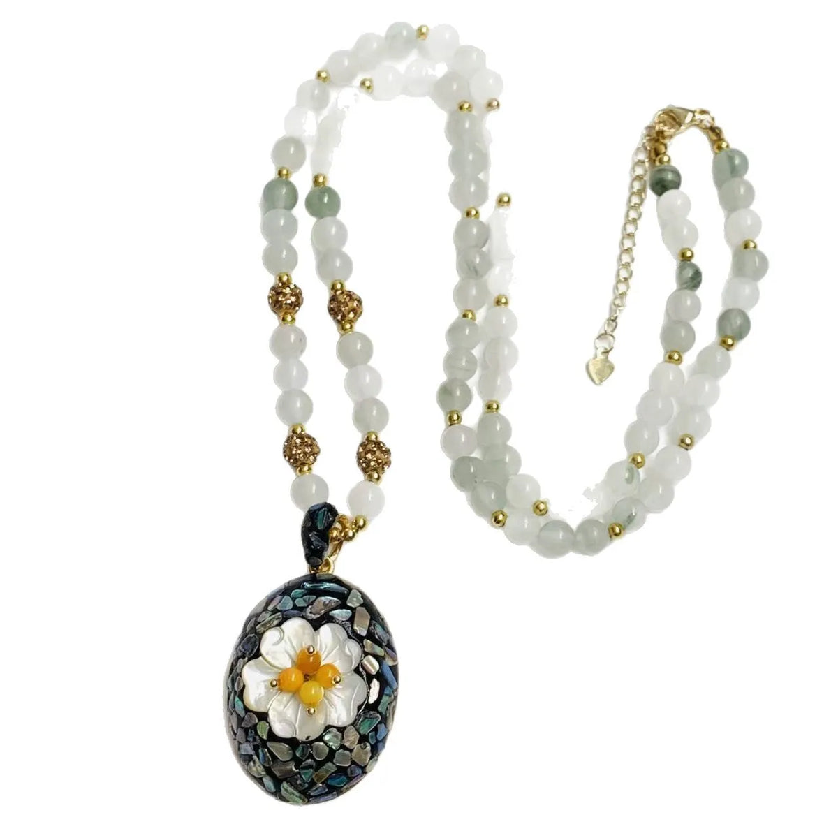 Original design mother-of-pearl shell necklace with rhinestone inlay on twist chain 51-60cm