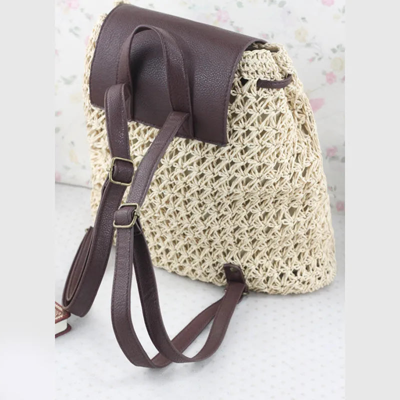 Khaki fashion straw bag cylindrical women's backpack with woven paper rope exterior and double straps