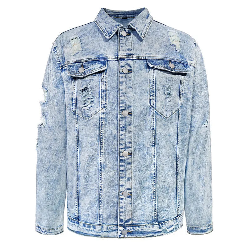 Solid blue slim fit denim shirt jacket for men with polo collar and chest pocket