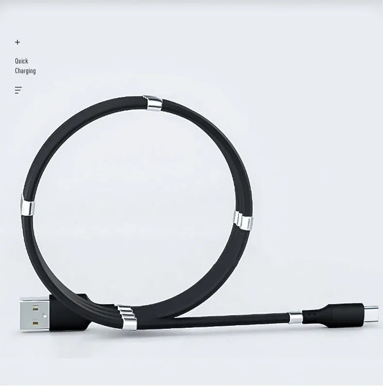 Black magnetic charging cable with aluminium connectors compatible with Apple iPhone and Android devices