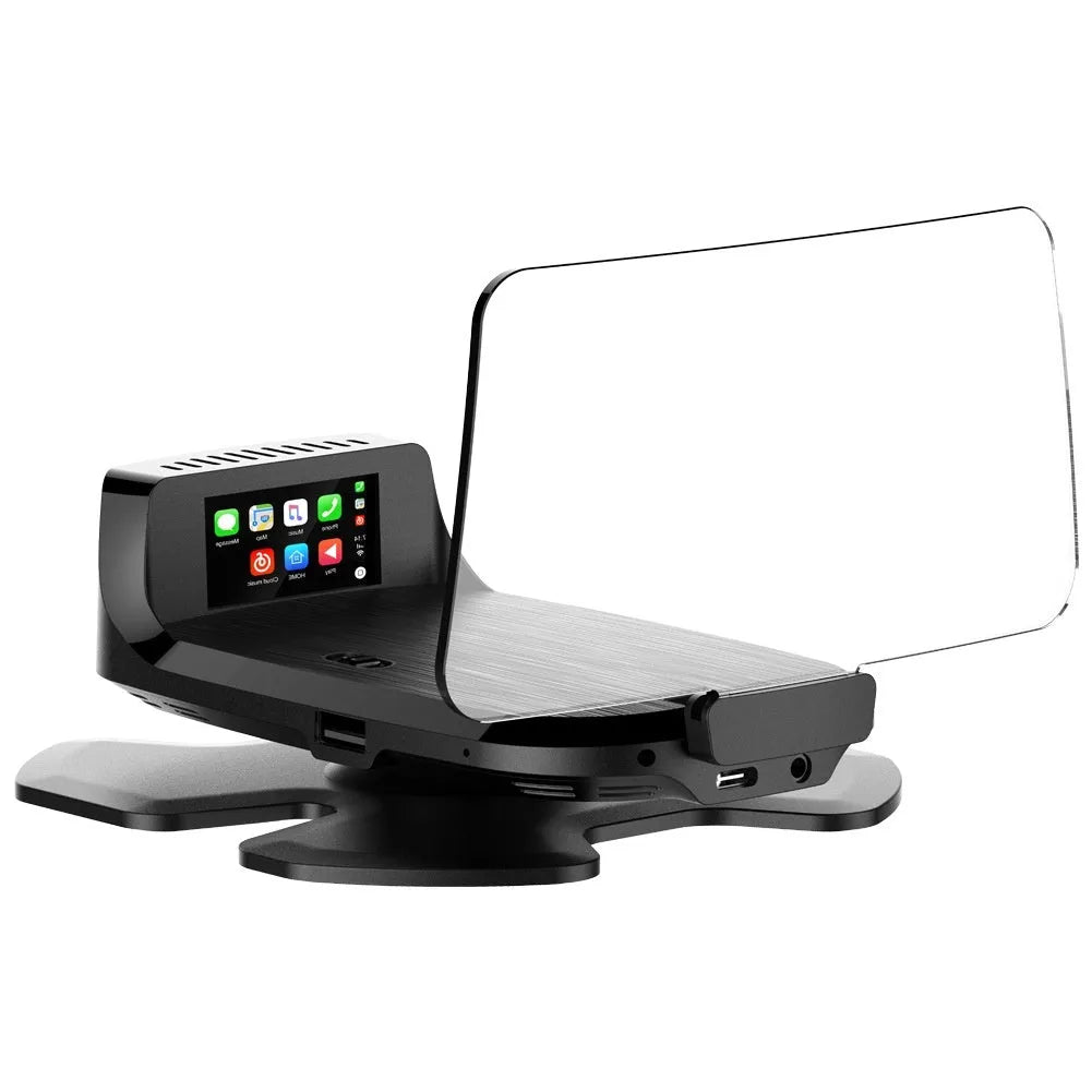 Black car head-up display projector unit showing OBD connection cable for vehicle installation