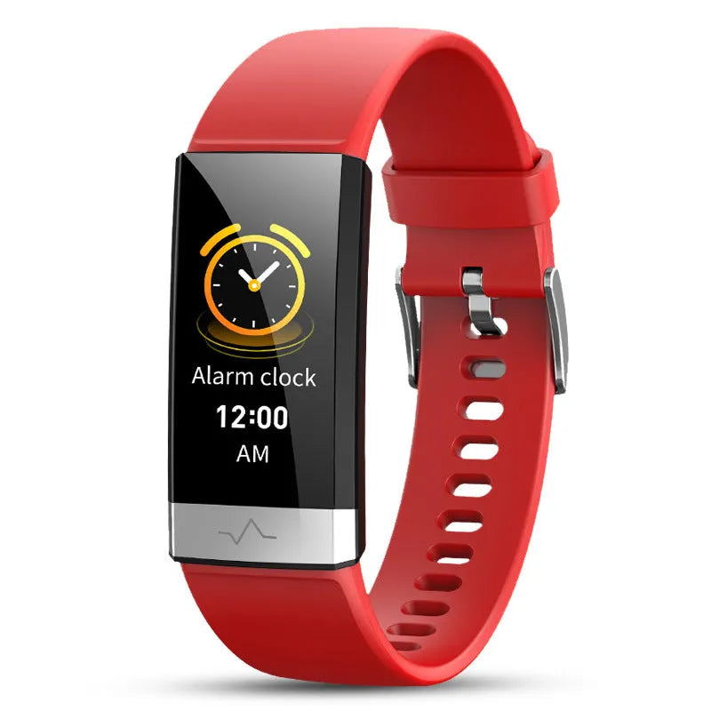 V19 smart fitness bracelet with colour screen, shown in black, blue, and red colour options on a wrist.