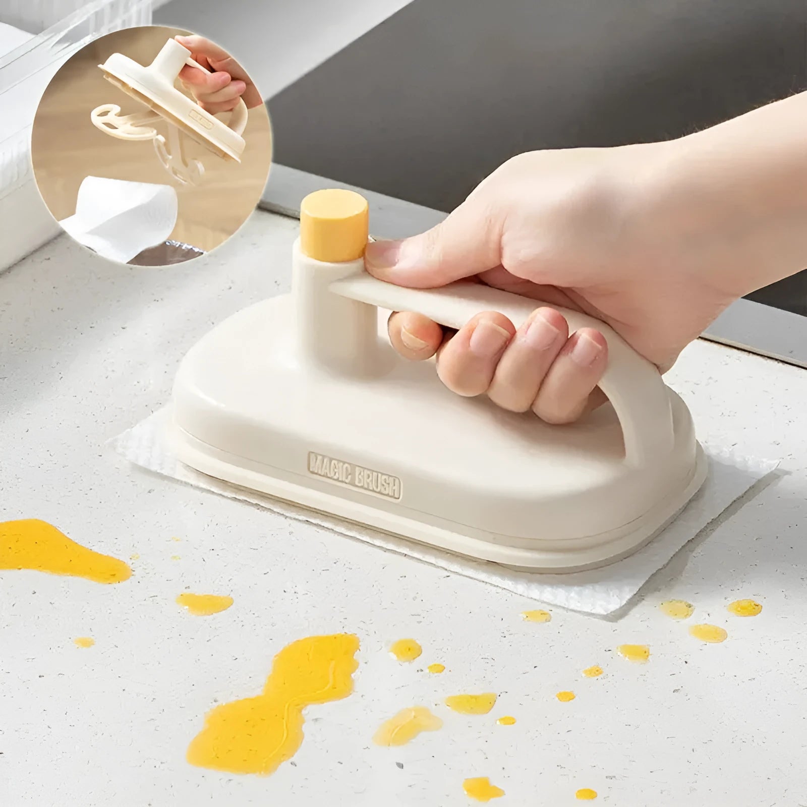 Magic Brush disposable cleaning tool with plastic handle, storage box, and 50 white non-woven fabric rag refills.