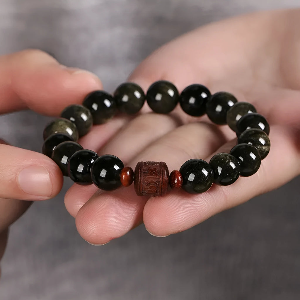 Hand-woven vintage bracelet with 10mm Golden Obsidian beads in national retro style