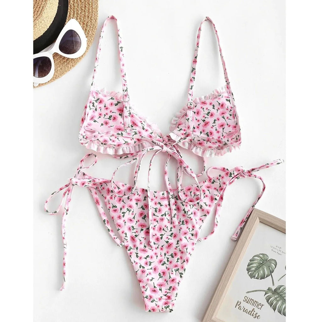 Women's printed multi-rope banded bikini swimsuit with short sleeves and lapel collar in blue or pink