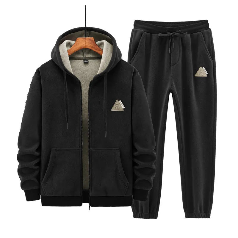 Grey men's hooded sweater and matching cotton blend pants from a casual sports suit set.