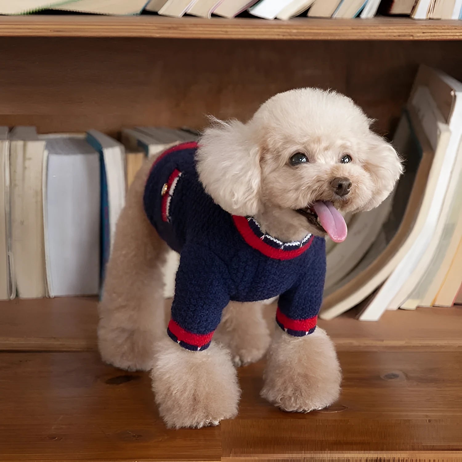 Blue wool blend dog cardigan in classic princess style shown on mannequin