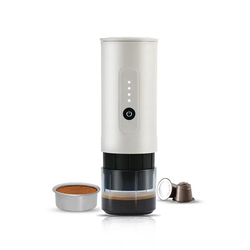 Portable stainless steel coffee machine with car charger compatibility in three colour options
