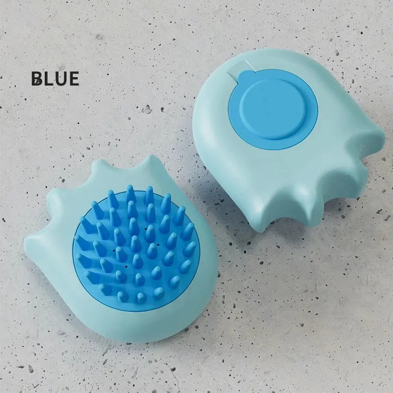 Blue pet bath brush with integrated shampoo box and massage comb bristles.