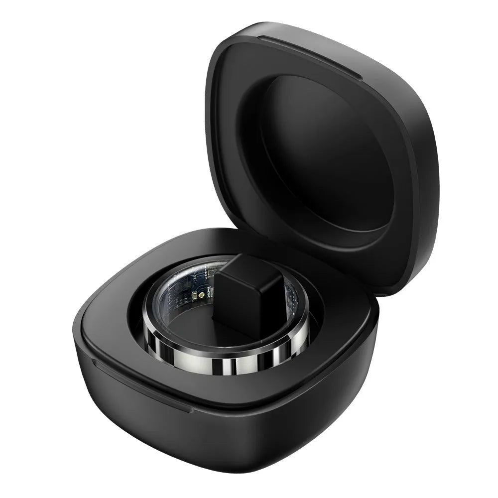 R9 Smart Ring with charging bin in black ribbon style showing health monitoring features