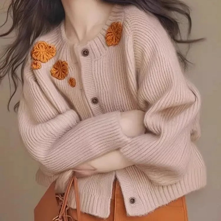 Women's simple embroidered flower age-reducing sweater cardigan in solid colour thick polyester fibre loose fit