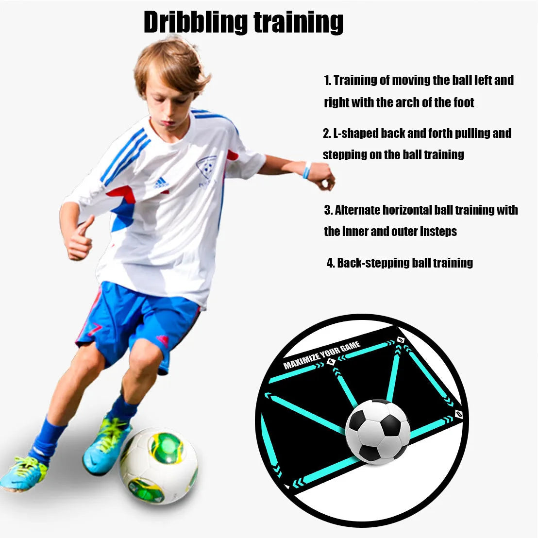 Black non-slip football training mat measuring 60 by 90 centimetres laid flat.