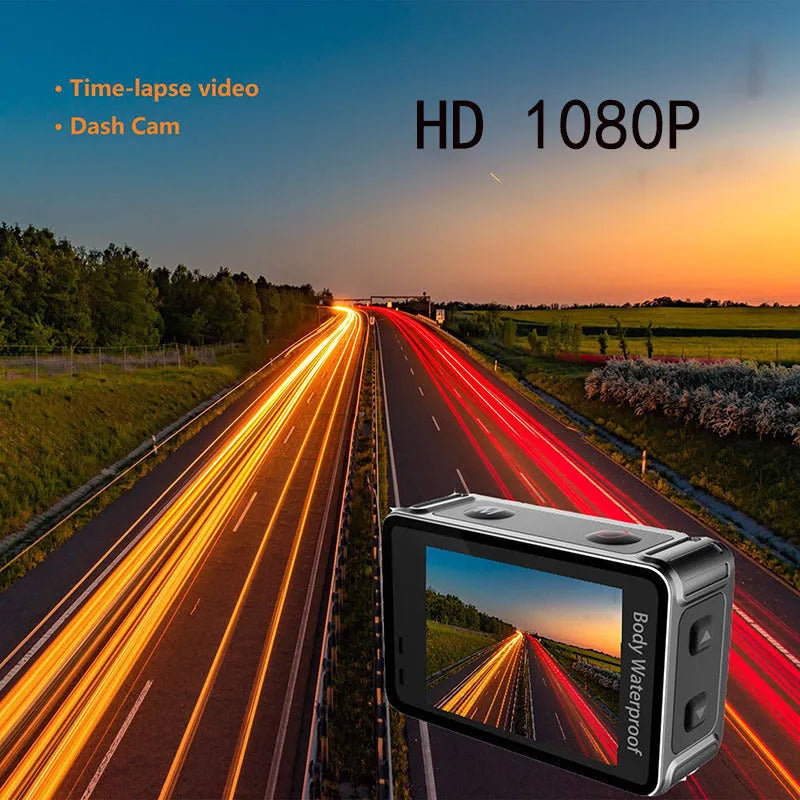 Black outdoor sports camera with touch screen, measuring 66x44x31mm with 170 degree wide angle lens