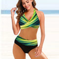 Ladies high-waist striped tie-dye bikini set with backless top on a mannequin.