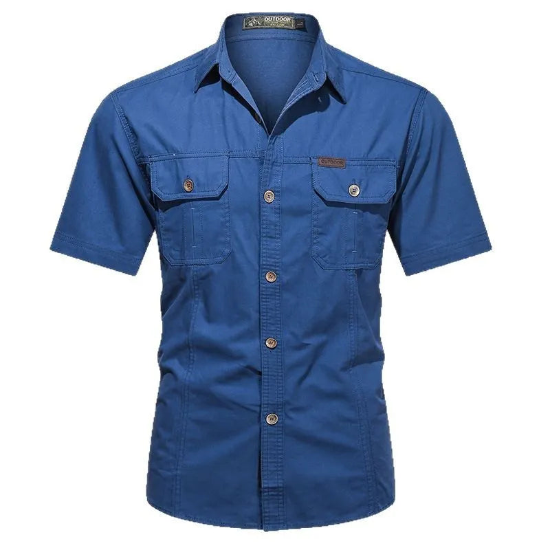 Men's short sleeve cotton work shirt in a loose cardigan style, shown in army green colour.