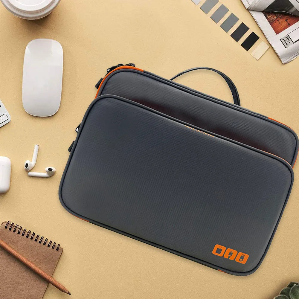 Grey three-layer polyester travel storage bag with sewing line detail, shown open.