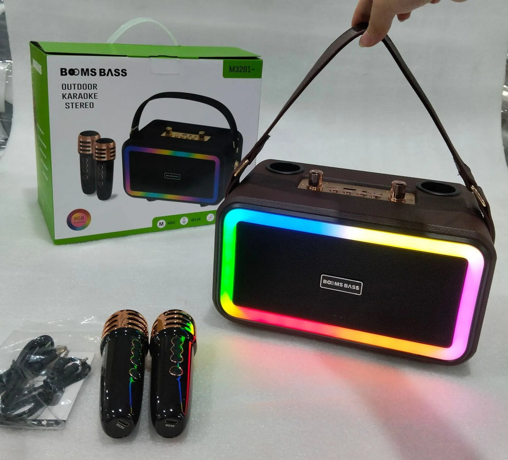 M3201 portable Bluetooth speaker in choice of colours with two wired microphones and cables.