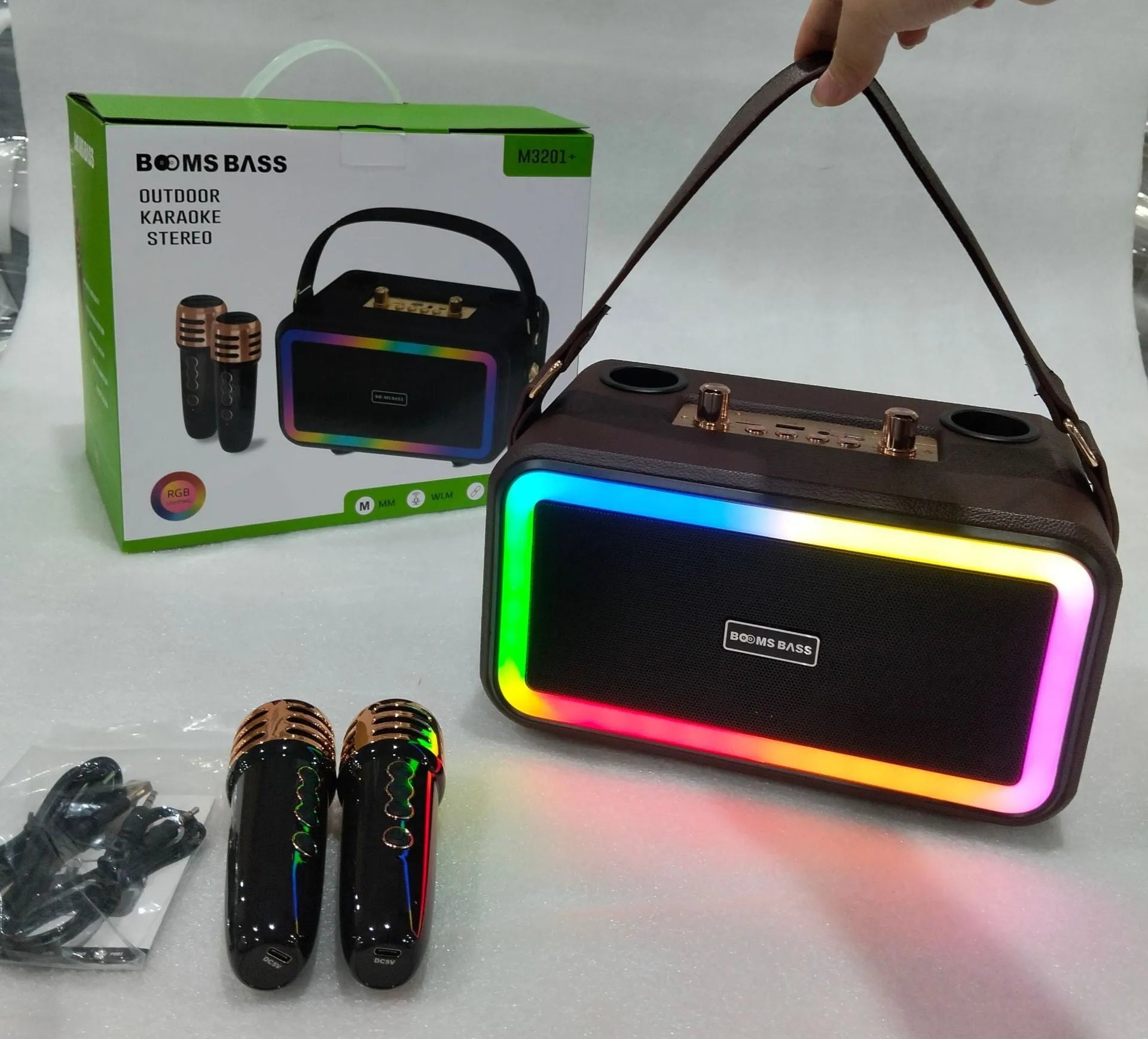 M3201 portable Bluetooth speaker in choice of colours with two wired microphones and cables.