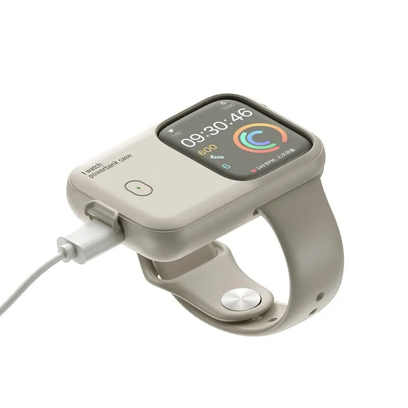 Apple Watch portable charging case with silicone protective case in Brown, Midnight Blue, and Starlight colours
