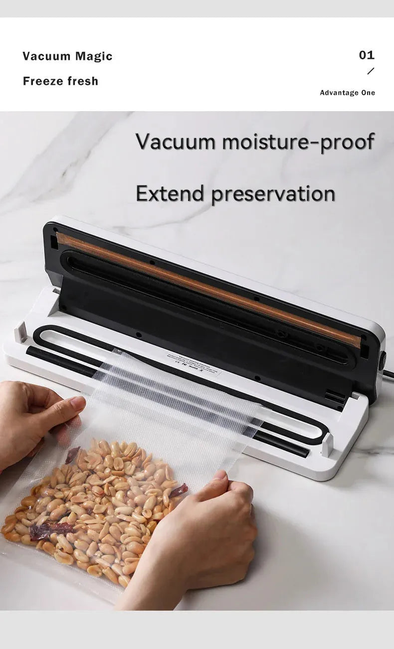 Compact white automatic vacuum sealer machine for household food preservation with wireless charging capability