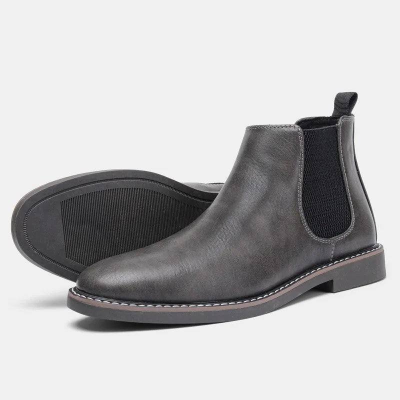 Men's retro cowhide Chelsea boots with round toe and wedge heel, artificial PU upper, rubber sole, car stitching detail