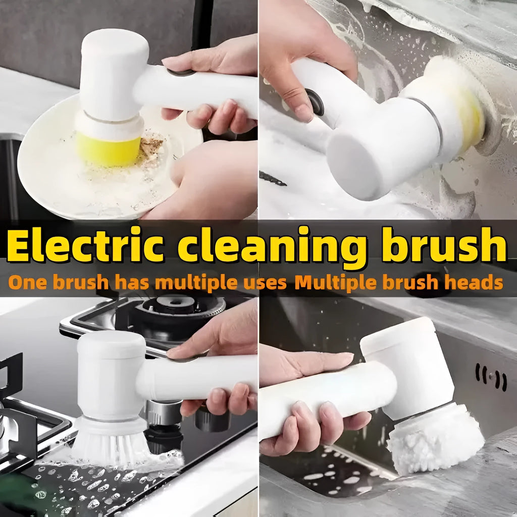 White handheld electric cleaning brush with three interchangeable nylon brush heads on a table.