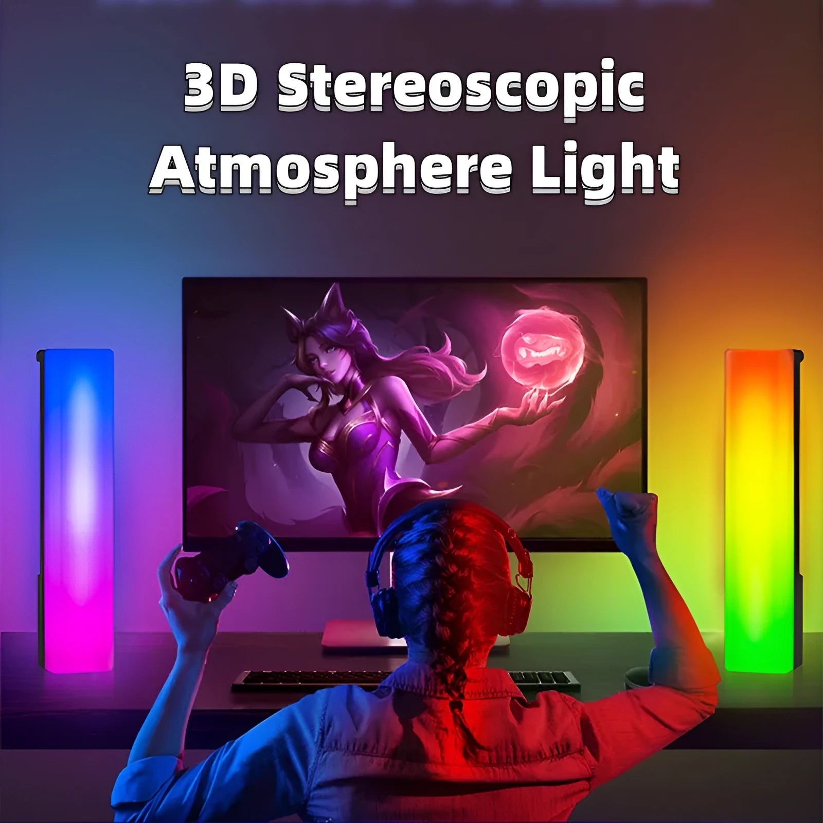 3D RGB voice-activated rhythm ambiance lamp in black or white shell with USB cable