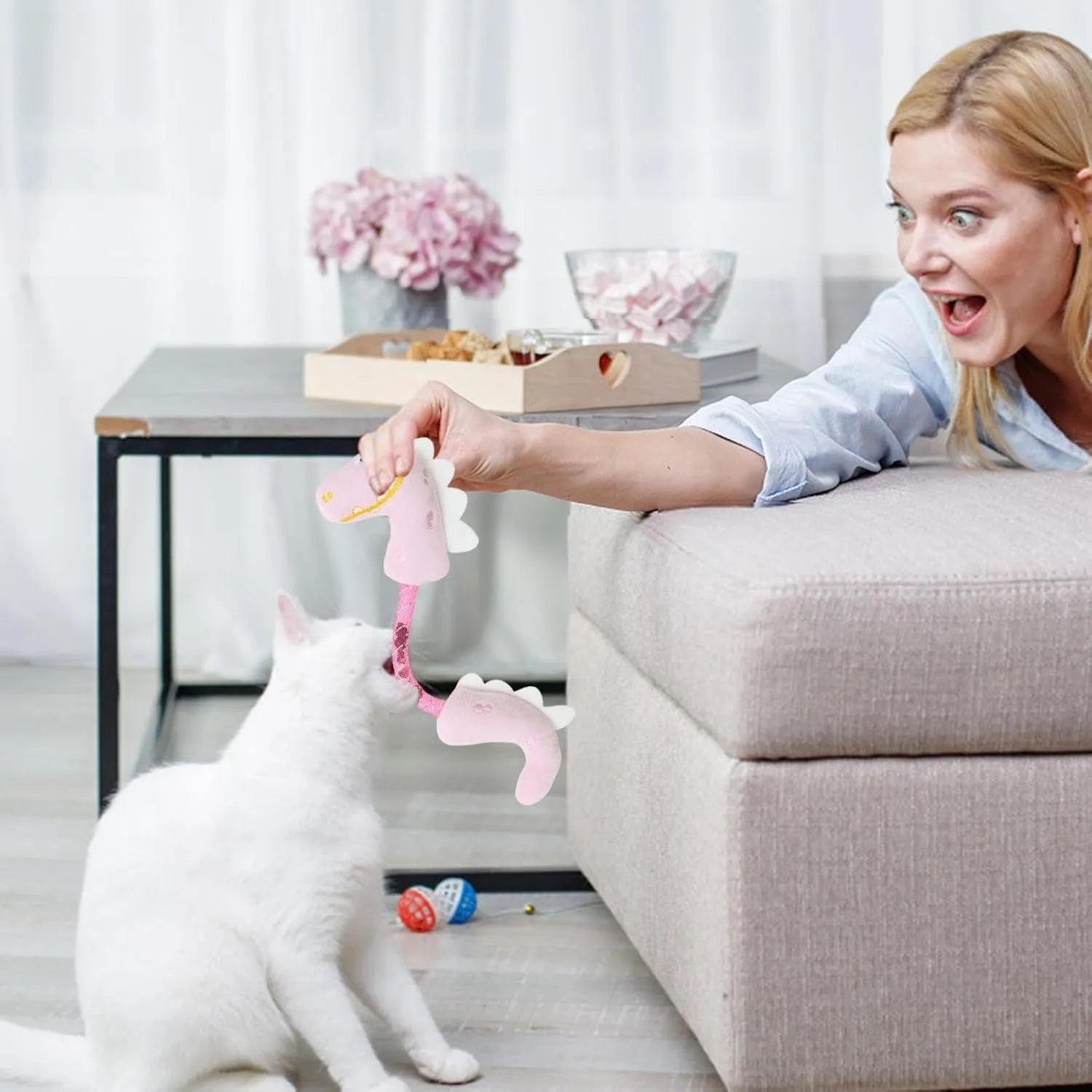 Set of cat toys including catnip rope, springs, kicker toys, and colourful plush chew toys