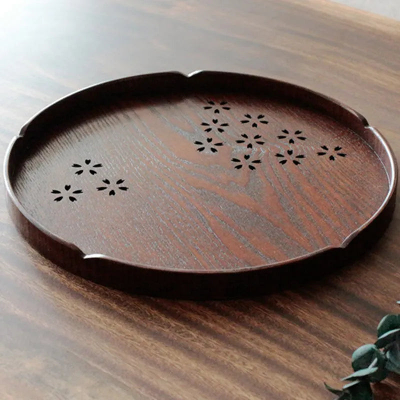 30cm wooden dessert plate with hollow sakura blossom pattern design