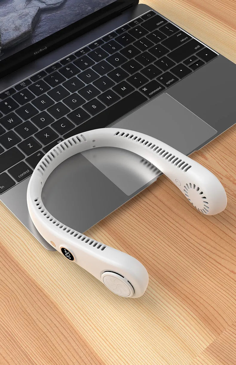 Pink USB rechargeable bladeless neck fan with flexible neckband on a white background.