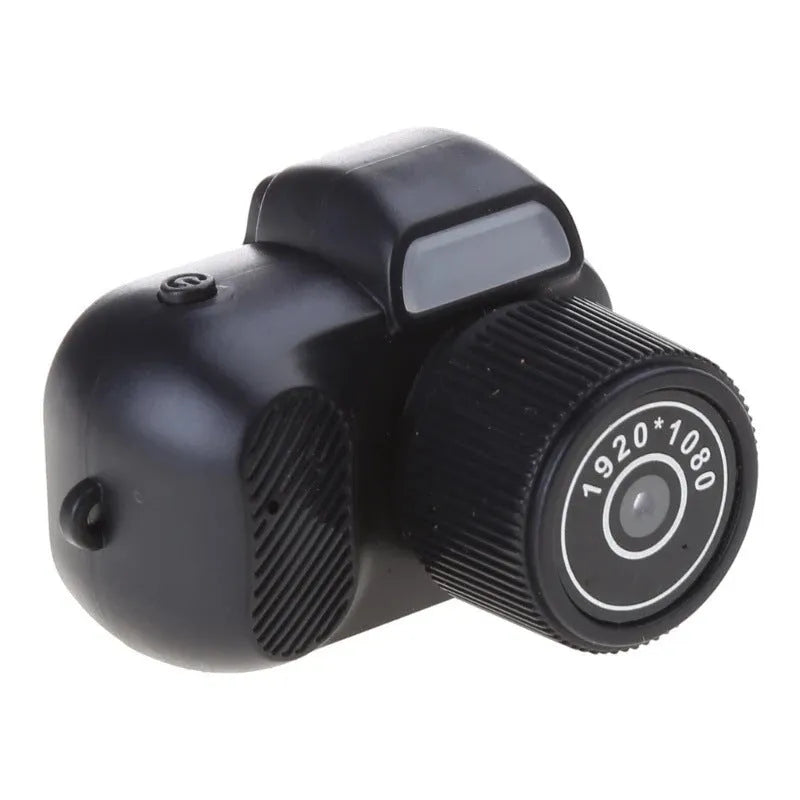 Black retro-style mini digital video camera with a built-in LCD screen on the back.